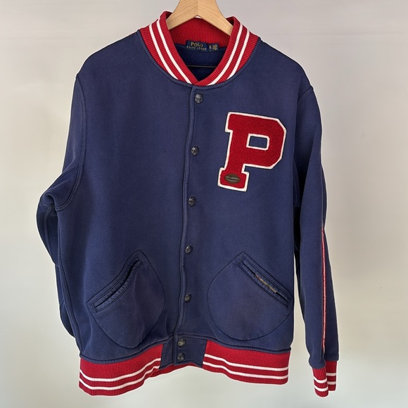 Polo by Ralph Lauren Embroidered Varsity Bomber Jacket - XL - Navy Blue & Red - Picture 5 of 9